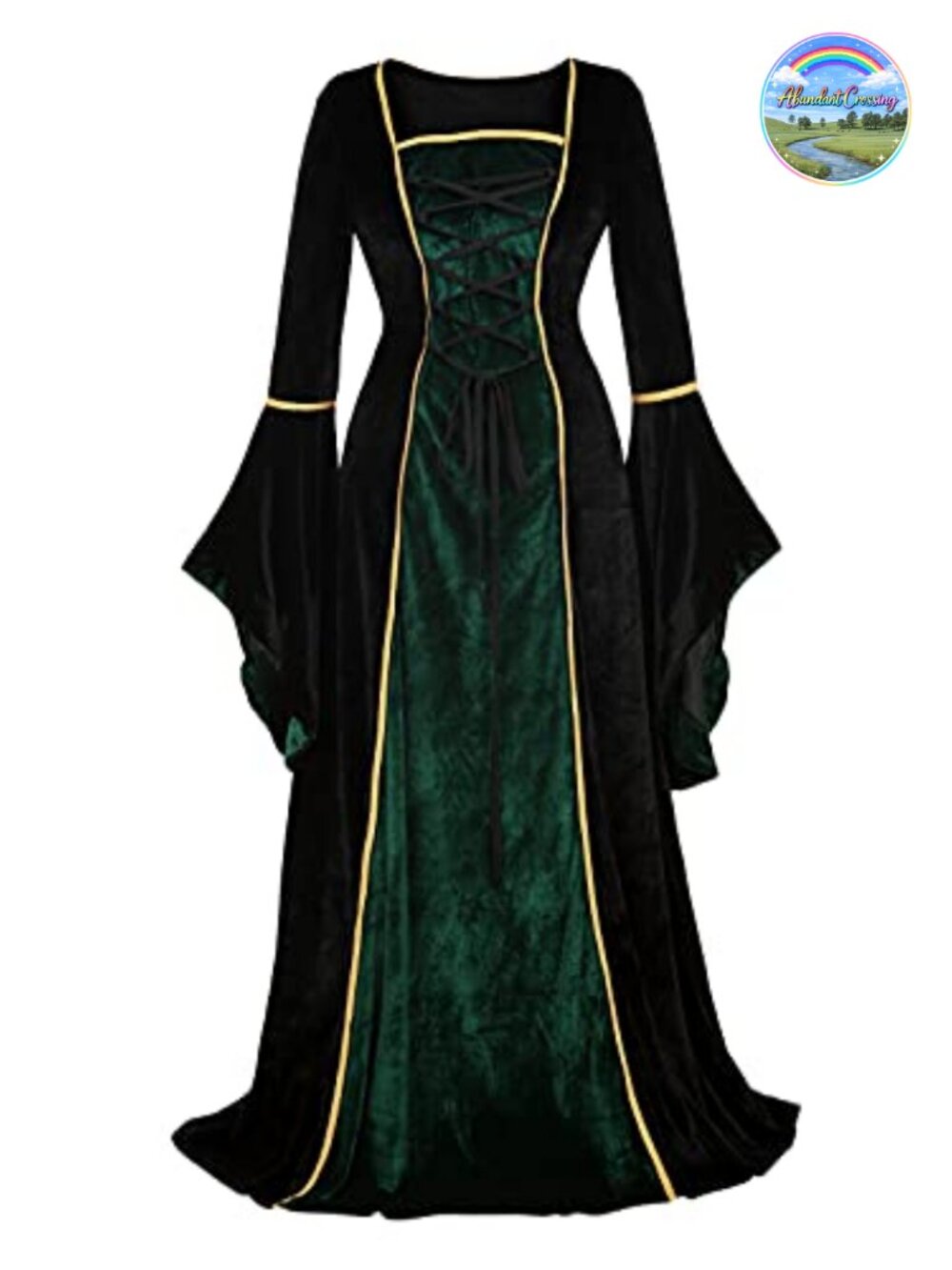 Renaissance Medieval Velvet Lace Up Gown Long Flare Sleeve Costume Dress